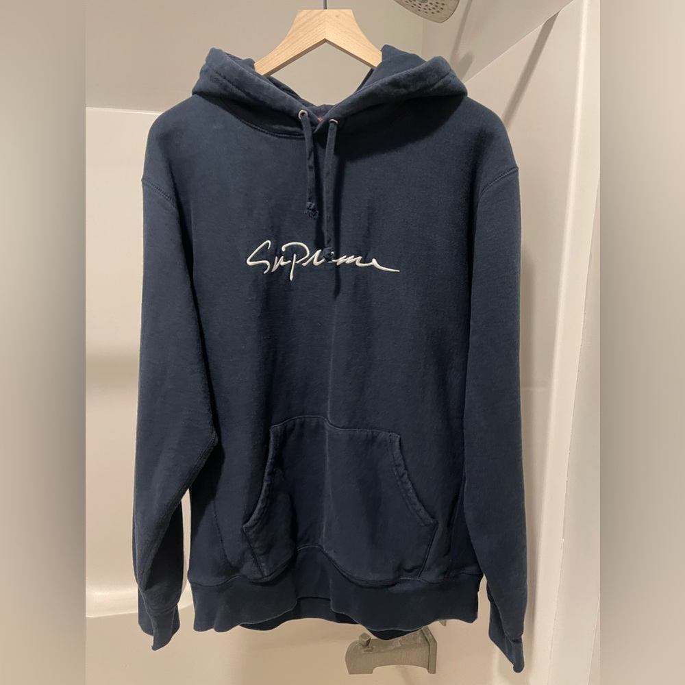 Supreme Navy Blue Hoodie Script